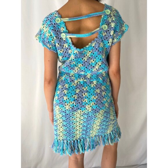 70s vintage blue hand knit hippy granny hippy thick crochet fringed midi dress - Picture 4 of 8